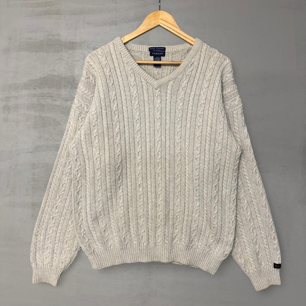 Vintage Gant‎ USA Men's Large Cable Knit V Neck Sweater Cotton Beige
